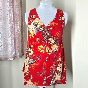 Red Floral Sleeveless Tops Assymetrical Hem with Rhinestone V Neckline